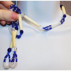 Retro Blue White And Clear Beaded Necklace